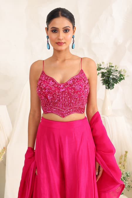 Shop_Meenagurnam_Magenta Net Sequins Sweetheart Neck, Embellished Blouse Sharara Set _Online_at_Aza_Fashions