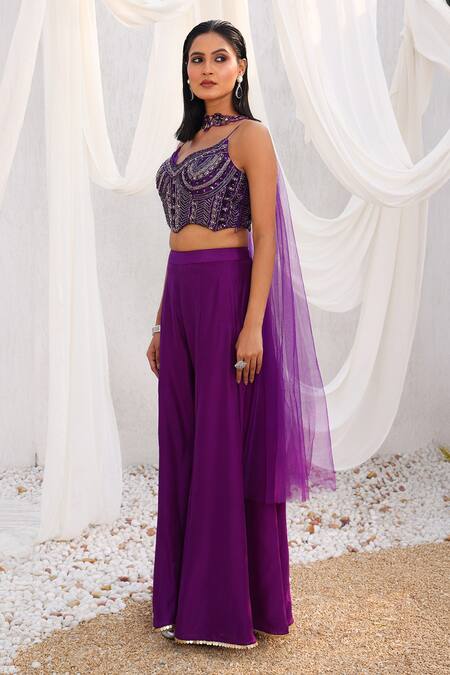 Buy_Meenagurnam_Purple Net Sequins, Stones Sweetheart Cutdana And Embellished Blouse Sharara Set _Online_at_Aza_Fashions