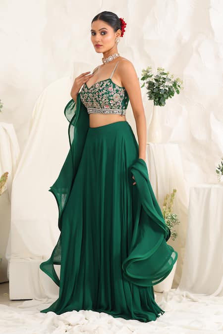 Buy_Meenagurnam_Green Net, Georgette Sequins, Embroidery Floral Embellished Blouse Sharara Set _Online_at_Aza_Fashions