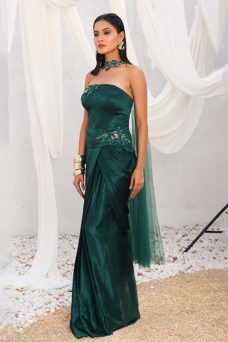 Meenagurnam_Emerald Green Satin Sequins, Stones, And Cutdana Embellished Corset & Skirt Set _Online_at_Aza_Fashions