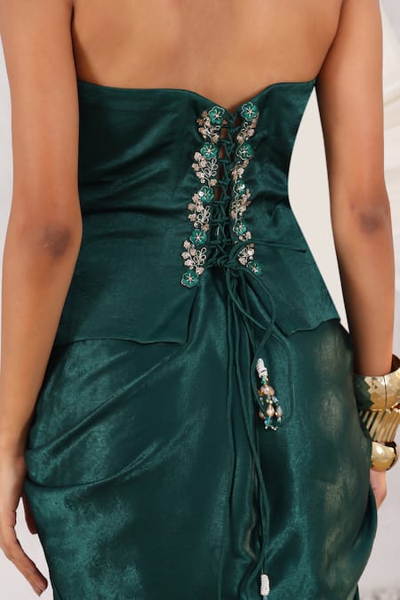 Buy_Meenagurnam_Emerald Green Satin Sequins, Stones, And Cutdana Embellished Corset & Skirt Set _Online_at_Aza_Fashions
