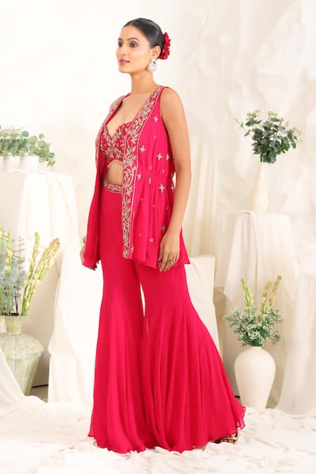 Buy_Meenagurnam_Magenta Net, Georgette Sequins, Embroidery, Embellished Jacket Sharara Set _Online_at_Aza_Fashions