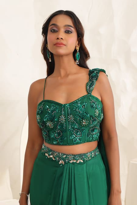 Buy_Meenagurnam_Emerald Green Net Sequins, Embroidery Sweetheart Embellished Blouse And Skirt Set _Online_at_Aza_Fashions