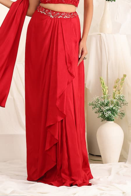 Meenagurnam_Red Net Sequins, Embroidery Dabka Hand Embellished Blouse And Draped Skirt Set _Online_at_Aza_Fashions