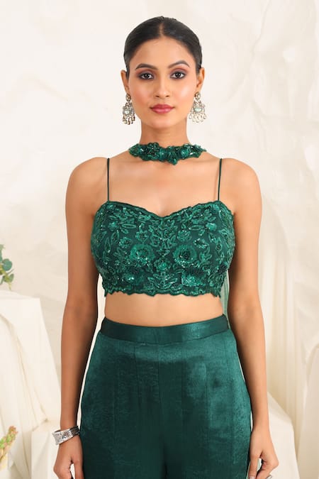 Meenagurnam_Emerald Green Net Sequins, Embroidery Hand Embellished Blouse Sharara Set _Online_at_Aza_Fashions