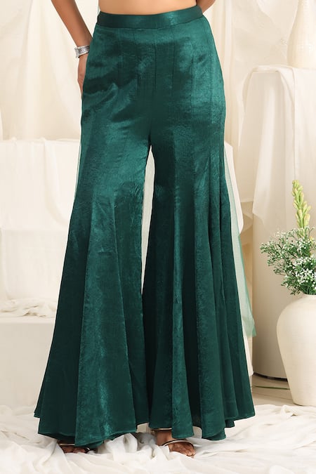 Buy_Meenagurnam_Emerald Green Net Sequins, Embroidery Hand Embellished Blouse Sharara Set _Online_at_Aza_Fashions