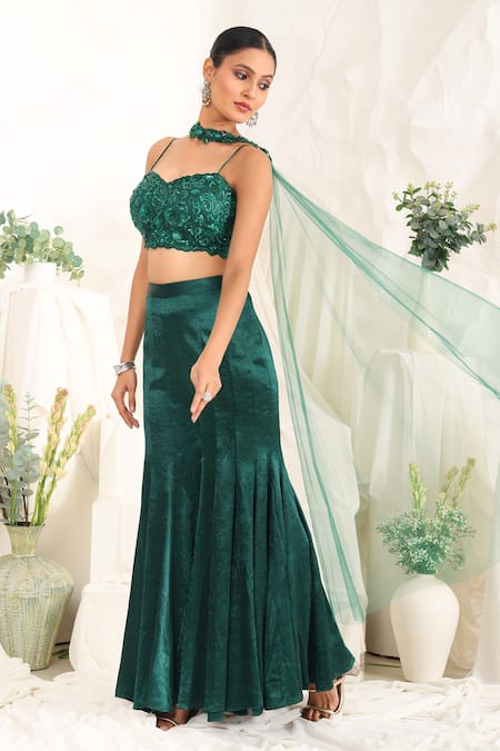 Shop_Meenagurnam_Emerald Green Net Sequins, Embroidery Hand Embellished Blouse Sharara Set _Online_at_Aza_Fashions