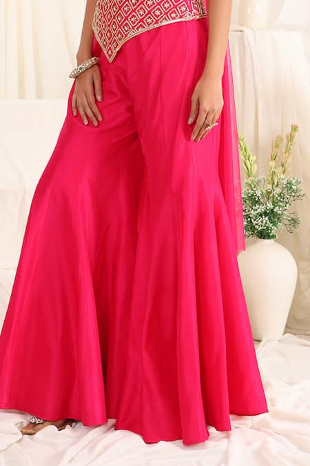 Buy_Meenagurnam_Magenta Net, Silk Sequins, Embroidery Sweetheart Cutdana Corset Sharara Set _Online_at_Aza_Fashions