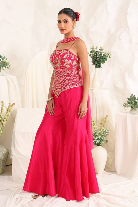 Shop_Meenagurnam_Magenta Net, Silk Sequins, Embroidery Sweetheart Cutdana Corset Sharara Set _Online_at_Aza_Fashions