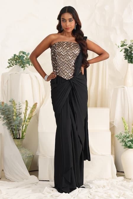 Meenagurnam Sequin Embellished Pre-Draped Saree With Corset 