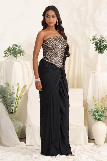 Meenagurnam_Black Satin, Jacquard Sequins, Stones Embellished Pre-draped Saree With Corset _Online_at_Aza_Fashions