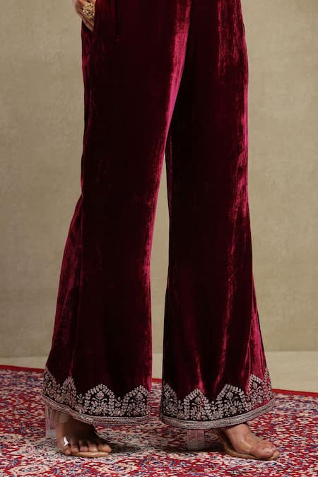 Shop_Dohr India_Red Velvet, Silk Zari, Sequins, Beads, Embroidery V-neck Dori Top And Pant Set _Online_at_Aza_Fashions