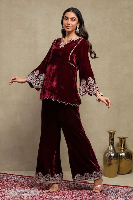 Dohr India_Red Velvet, Silk Zari, Sequins, Beads, Embroidery V-neck Dori Top And Pant Set _at_Aza_Fashions