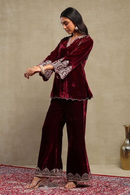 Shop_Dohr India_Red Velvet, Silk Zari, Sequins, Beads, Embroidery V-neck Dori Top And Pant Set 
