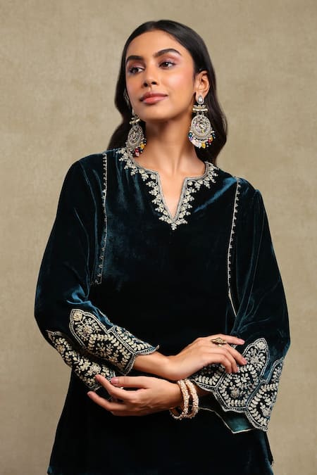 Shop_Dohr India_Navy Velvet, Silk Embroidery, Sequins, Beads, Zari Split Dori Top And Pant Set _Online_at_Aza_Fashions