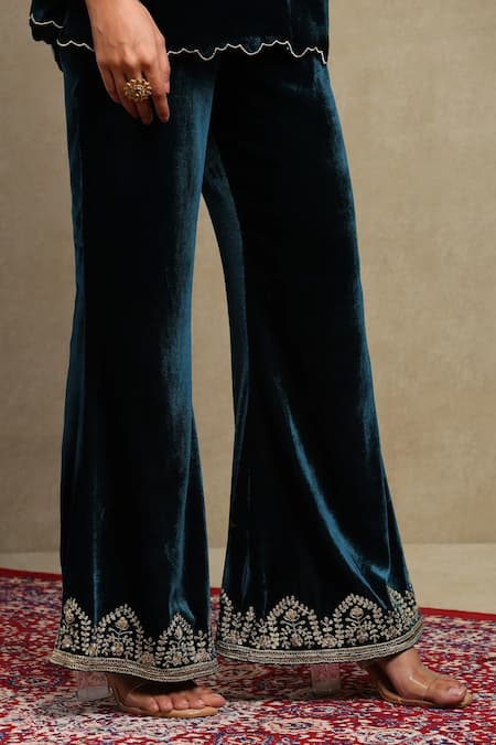 Dohr India_Navy Velvet, Silk Embroidery, Sequins, Beads, Zari Split Dori Top And Pant Set _at_Aza_Fashions