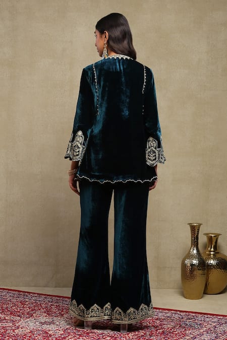 Dohr India Velvet Dori Embroidered Top & Pant Set 