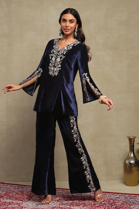 Buy_Dohr India_Navy Velvet, Silk Embroidery, Zari, Sequins V-neck Top And Pant Set 
