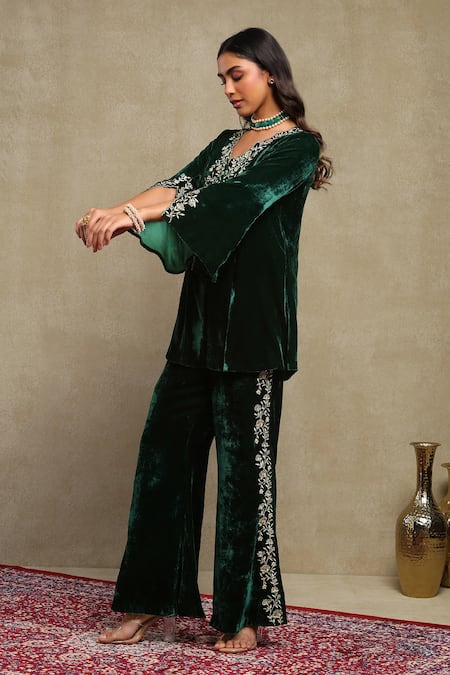 Shop_Dohr India_Emerald Green Velvet, Silk Embroidery, Zari, Sequins V-neck Top And Pant Set _Online_at_Aza_Fashions