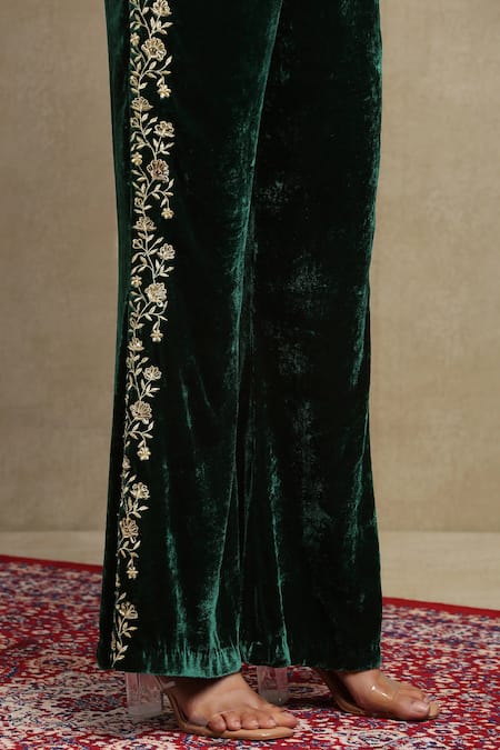 Dohr India_Emerald Green Velvet, Silk Embroidery, Zari, Sequins V-neck Top And Pant Set _at_Aza_Fashions