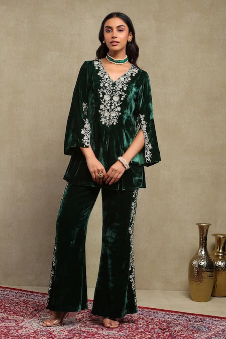 Dohr India Velvet Embroidered Top & Pant Set 