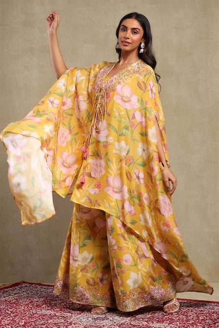 Shop_Dohr India_Multi Color Chanderi, Viscose Embroidery, Sequins Floral Print Cape Trouser Set _Online_at_Aza_Fashions