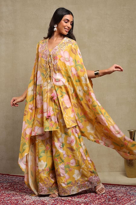 Dohr India_Multi Color Chanderi, Viscose Embroidery, Sequins Floral Print Cape Trouser Set _at_Aza_Fashions