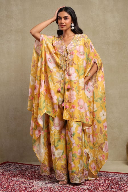 Buy_Dohr India_Multi Color Chanderi, Viscose Embroidery, Sequins Floral Print Cape Trouser Set 