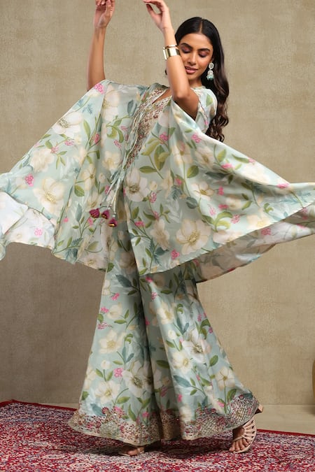 Buy_Dohr India_Sky Blue Chanderi, Viscose Zari, Sequins, Floral Print Cape Sharara Set _Online_at_Aza_Fashions