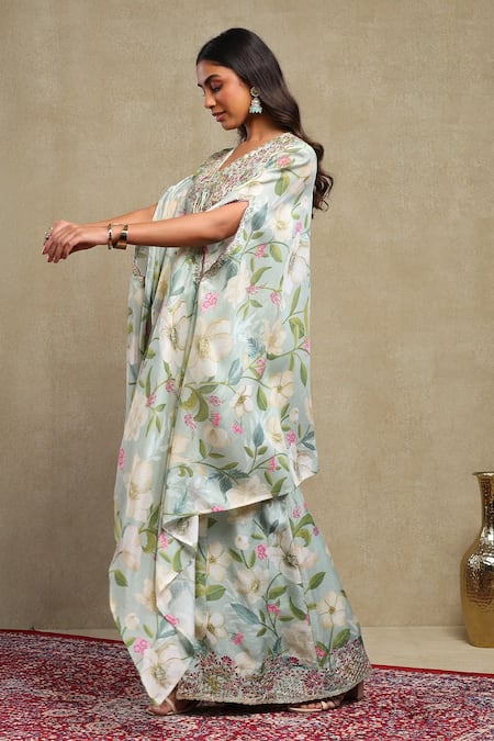 Dohr India_Sky Blue Chanderi, Viscose Zari, Sequins, Floral Print Cape Sharara Set _at_Aza_Fashions