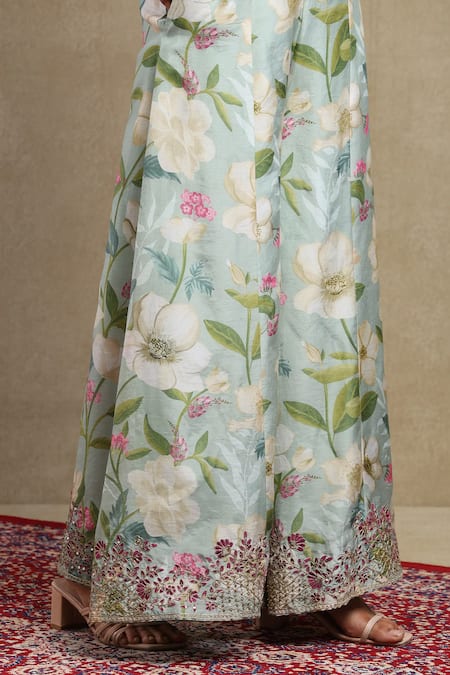 Shop_Dohr India_Sky Blue Chanderi, Viscose Zari, Sequins, Floral Print Cape Sharara Set 