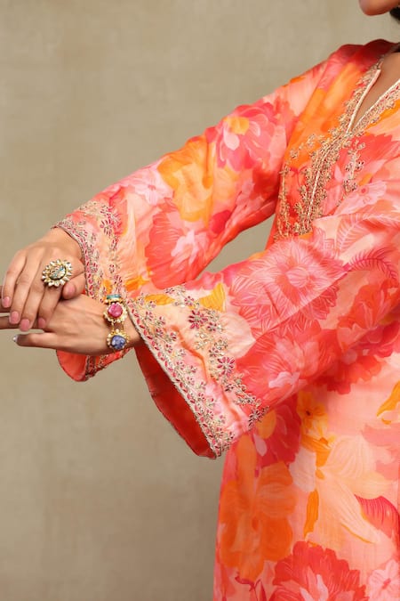 Buy_Dohr India_Red Modal, Viscose Embroidery, Zari, Sequins, Floral Print Kaftan And Pant Set _Online_at_Aza_Fashions