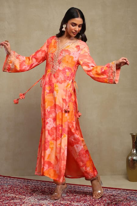 Dohr India_Red Modal, Viscose Embroidery, Zari, Sequins, Floral Print Kaftan And Pant Set _at_Aza_Fashions