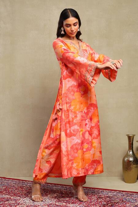 Buy_Dohr India_Red Modal, Viscose Embroidery, Zari, Sequins, Floral Print Kaftan And Pant Set 