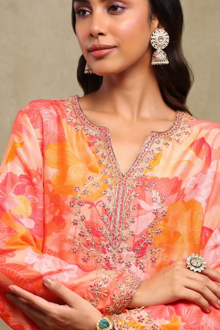 Shop_Dohr India_Red Modal, Viscose Embroidery, Zari, Sequins, Floral Print Kaftan And Pant Set 