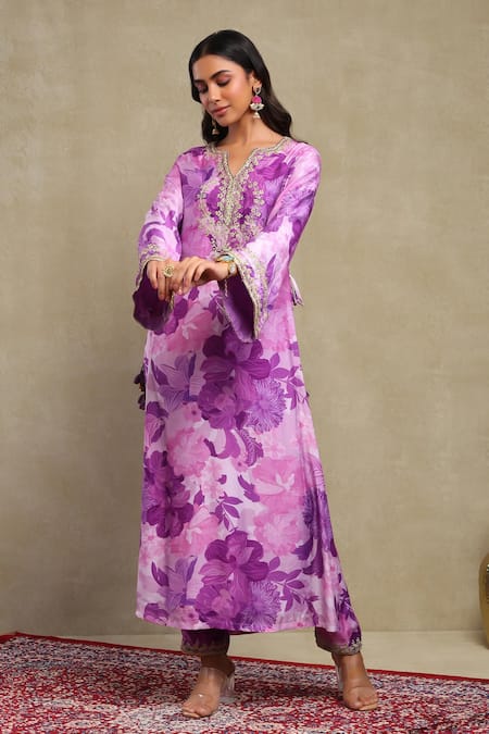 Buy_Dohr India_Purple Modal, Viscose Embroidery, Sequins, Beads, Floral Print Kaftan And Pant Set _Online_at_Aza_Fashions