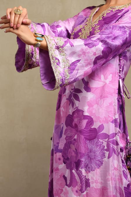 Shop_Dohr India_Purple Modal, Viscose Embroidery, Sequins, Beads, Floral Print Kaftan And Pant Set _Online_at_Aza_Fashions