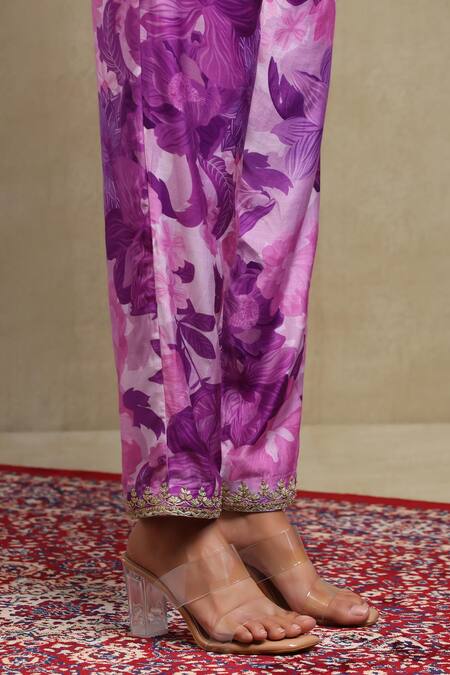 Dohr India_Purple Modal, Viscose Embroidery, Sequins, Beads, Floral Print Kaftan And Pant Set _at_Aza_Fashions