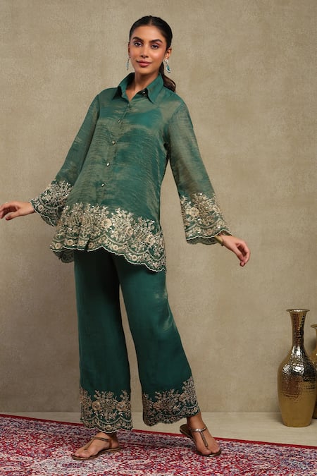 Shop_Dohr India_Emerald Green Tissue, Chanderi Embroidery, Sequins Dori Shirt And Pant Set _Online_at_Aza_Fashions