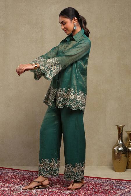 Dohr India_Emerald Green Tissue, Chanderi Embroidery, Sequins Dori Shirt And Pant Set _at_Aza_Fashions