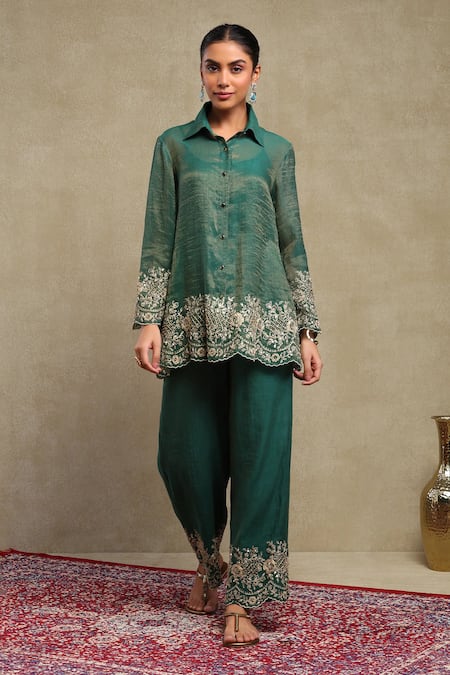 Buy_Dohr India_Emerald Green Tissue, Chanderi Embroidery, Sequins Dori Shirt And Pant Set 