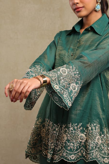 Shop_Dohr India_Emerald Green Tissue, Chanderi Embroidery, Sequins Dori Shirt And Pant Set 