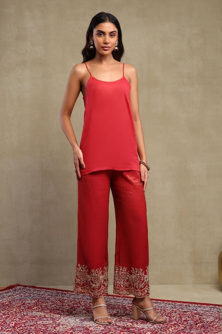 Buy_Dohr India_Red Tissue, Chanderi Embroidery, Zari Collared Dori Shirt And Trouser Set _Online_at_Aza_Fashions