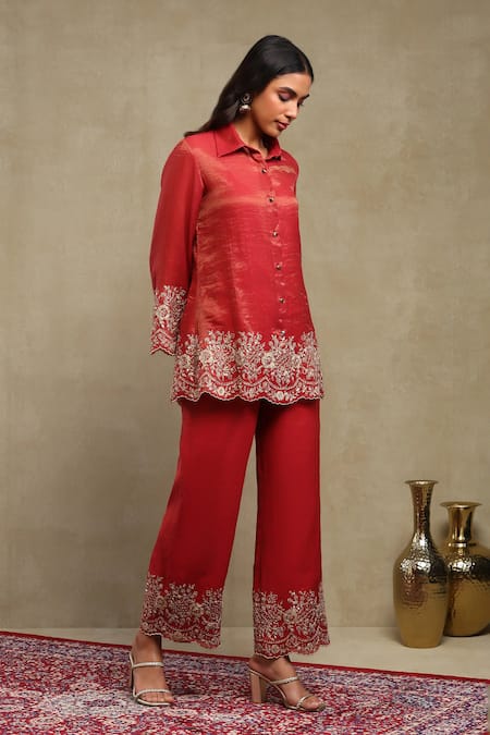 Shop_Dohr India_Red Tissue, Chanderi Embroidery, Zari Collared Dori Shirt And Trouser Set _Online_at_Aza_Fashions