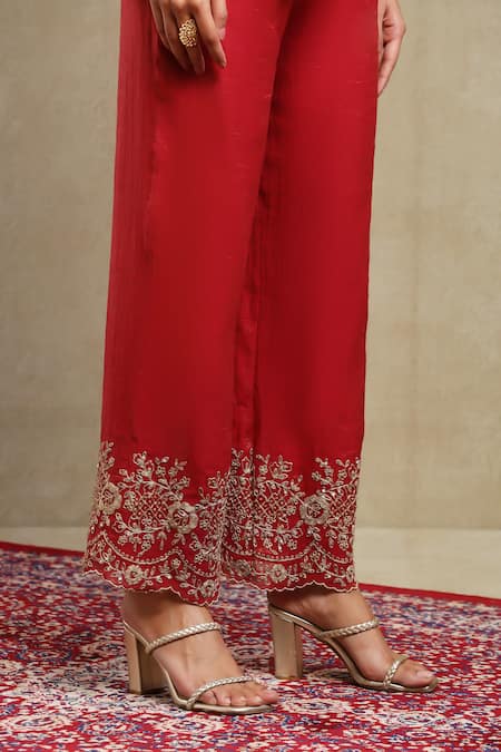 Dohr India_Red Tissue, Chanderi Embroidery, Zari Collared Dori Shirt And Trouser Set _at_Aza_Fashions