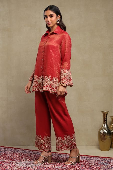 Buy_Dohr India_Red Tissue, Chanderi Embroidery, Zari Collared Dori Shirt And Trouser Set 