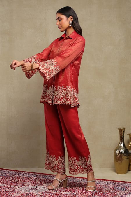 Shop_Dohr India_Red Tissue, Chanderi Embroidery, Zari Collared Dori Shirt And Trouser Set 
