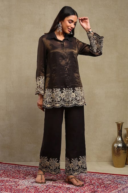 Buy_Dohr India_Black Chanderi Embroidery, Sequins Collared Dori Shirt And Trouser Set _Online_at_Aza_Fashions