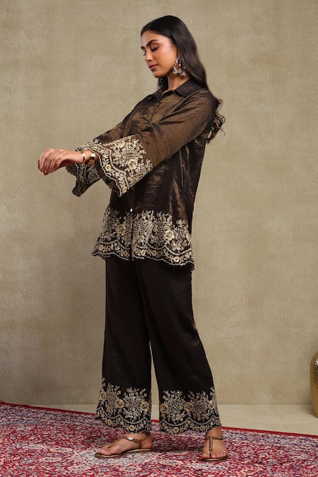Dohr India_Black Chanderi Embroidery, Sequins Collared Dori Shirt And Trouser Set _at_Aza_Fashions