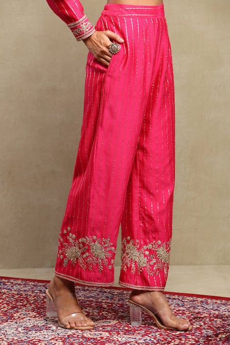 Shop Dohr India Pink Chanderi Silk Zari, Embroidery Collared Banarasi Woven Shirt And Trouser Set Online at Aza Fashions Shop_Dohr India_Pink Chanderi Silk Zari, Embroidery Collared Banarasi Woven Shirt And Trouser Set _Online_at_Aza_Fashions